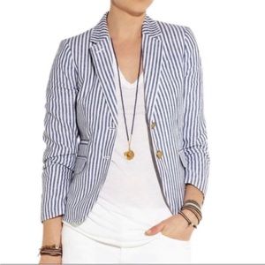 J Crew Schoolboy Blazer Linen Stripe Blue White Gold Button Nautical Size 2